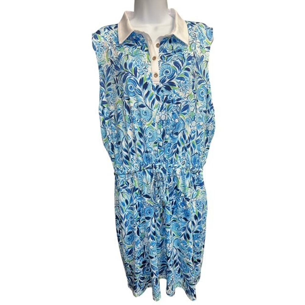 Stella Parker Sport XL Dress Aruba Blue Floral Sleeveless Waist Tie Wick UPF 50